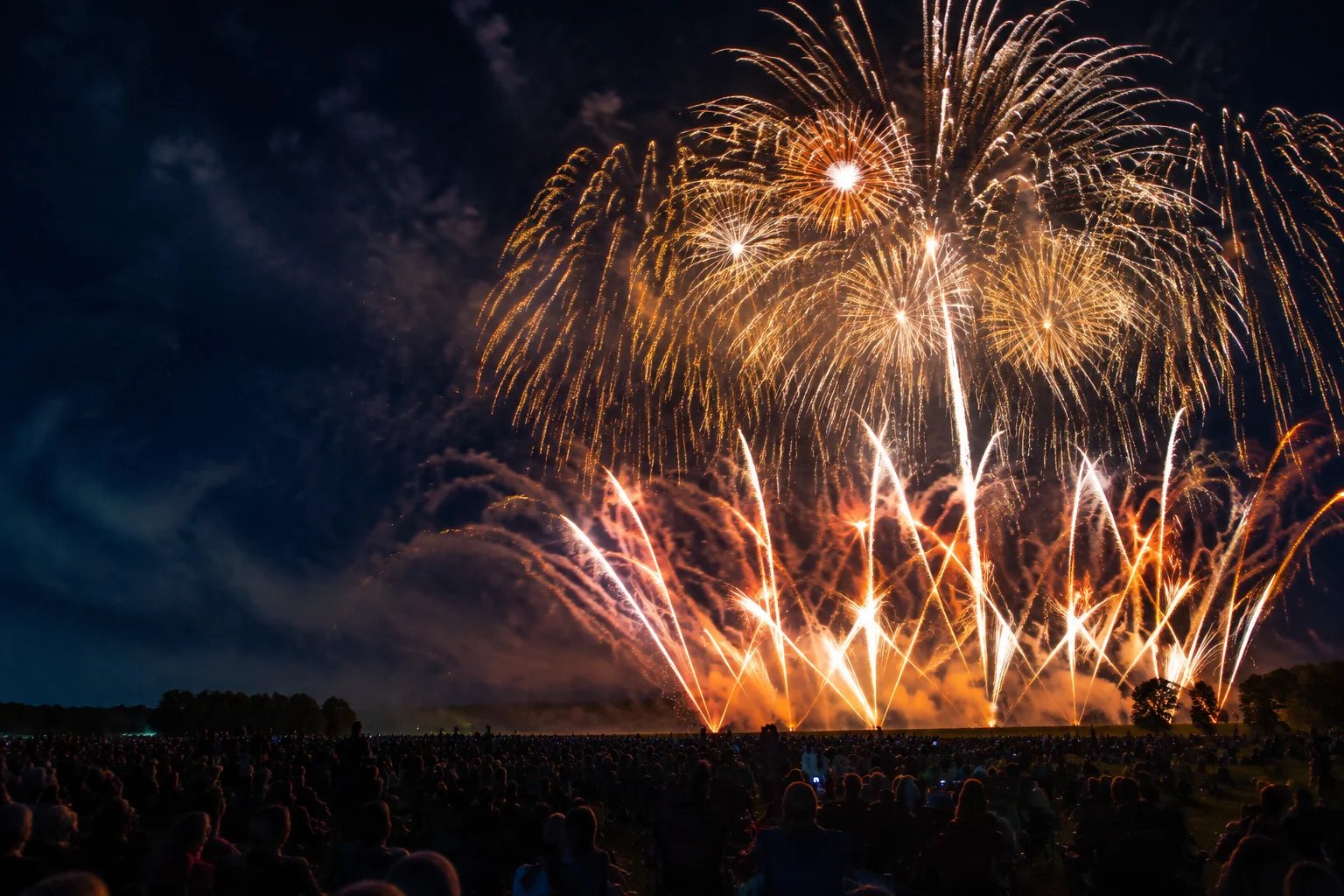 A wide golden firework display filling the night sky above a large crowd