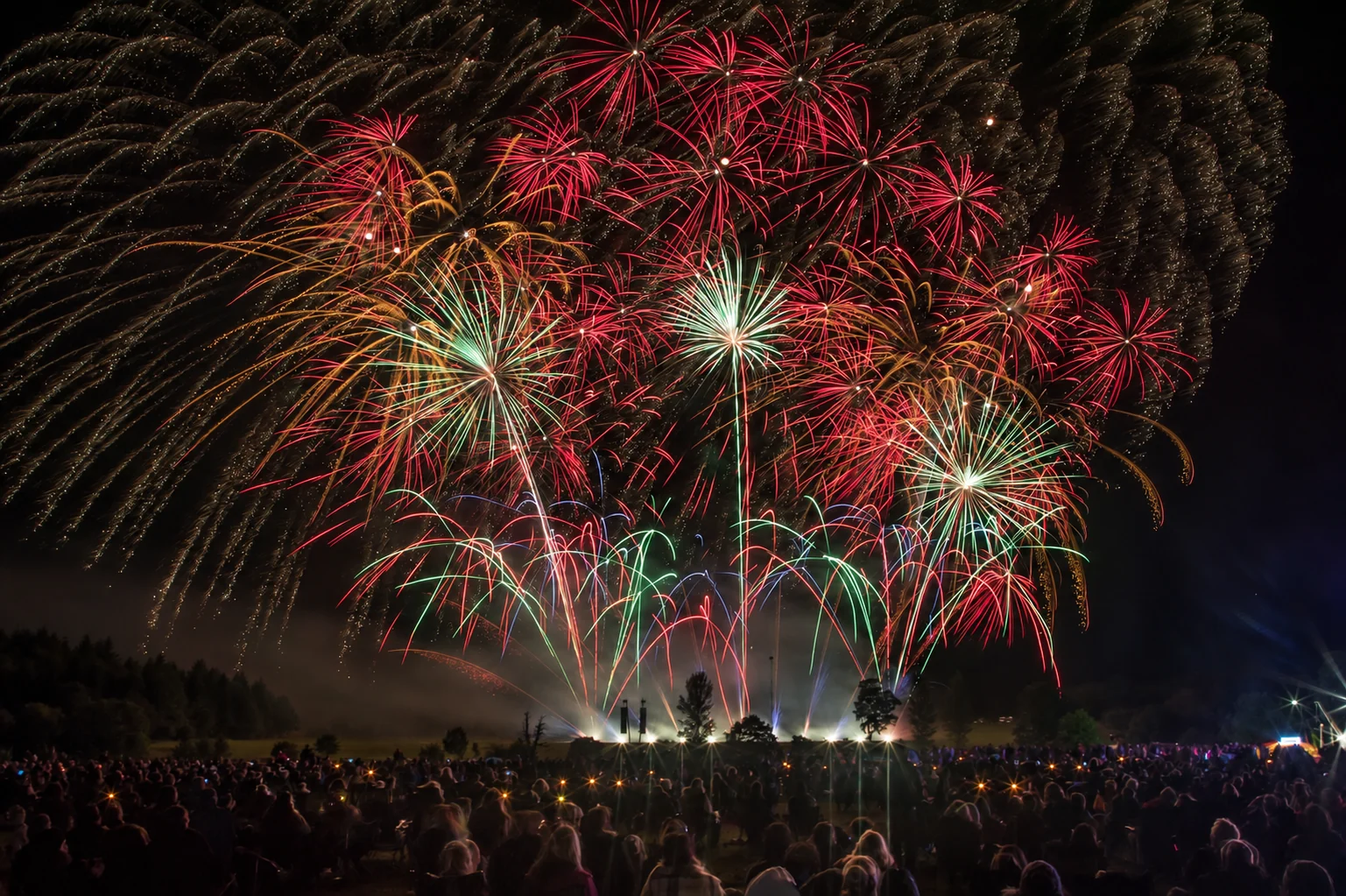 Colourful fireworks lighting up the sky above the audience