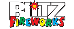 Blitz Fireworks logo with a starburst dotting the 'i', and 'Fireworks' in colorful, playful letters below, mimicking a firework display.