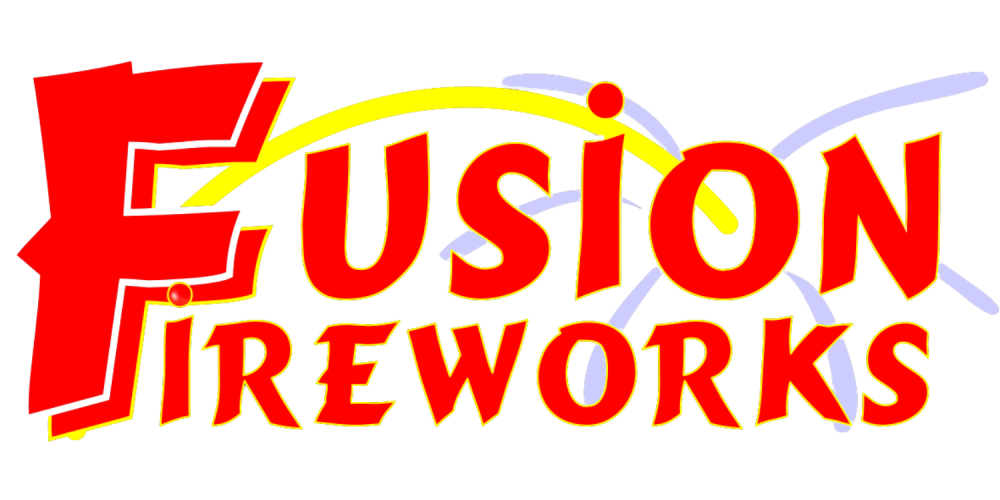 Logo of “Fusion Fireworks” with bold red and yellow letters and a stylized firework design.