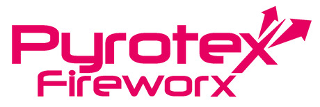 Pyrotex Fireworx" logo in bold pink text with three arrow-like shapes pointing to the right, embodying the excitement and energy of a firework display.
