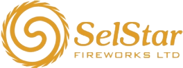 Logo of SelStar Fireworks Ltd with a swirling, golden flame-like design reminiscent of a firework next to the company's name in gold text.