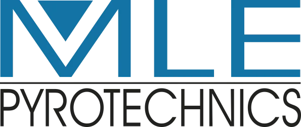 Logo with the text "MLE Pyrotechnics" in blue and black, with stylized letters that evoke the excitement of a firework display.