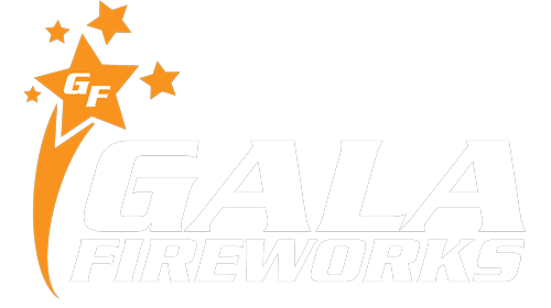 Logo with text "Gala Fireworks" and an orange star shooting upward like a firework, surrounded by smaller stars.
