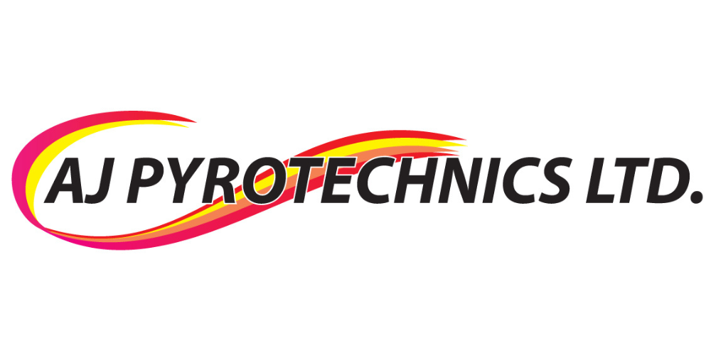 Logo of AJ Pyrotechnics LTD. with the text wrapped in a stylized red and yellow swoosh shape, reminiscent of a firework burst.
